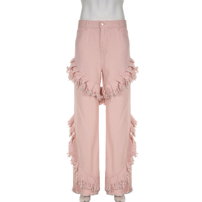 High-waist Zipper Spliced Tassel Loose Flare Pink Denim Pants