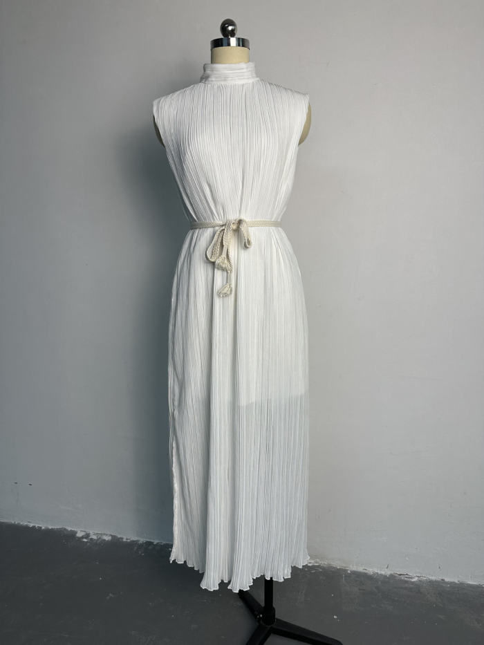 White Elegant Belted  Half Turtleneck Midi Dress