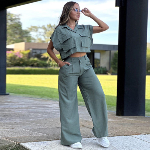 Fashionable Collar Pocket Short Sleeve Shirt and Wide-Leg Trousers Casual Set