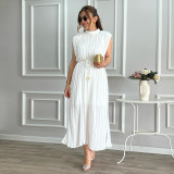 White Elegant Belted  Half Turtleneck Midi Dress