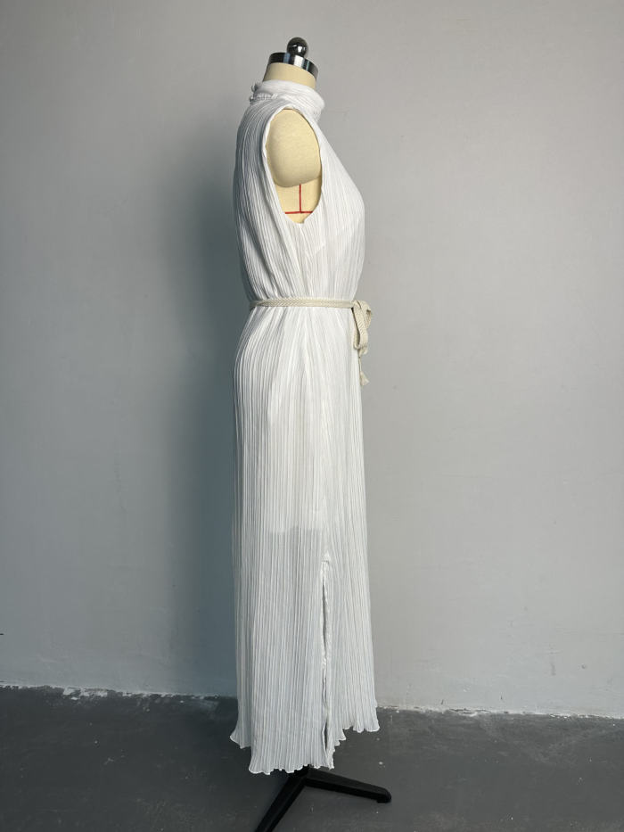 White Elegant Belted  Half Turtleneck Midi Dress