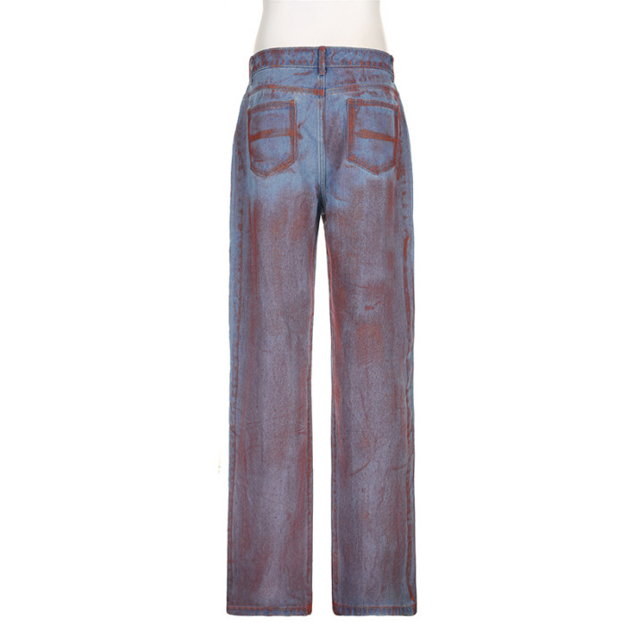 Distinctive Tie-Dye Prints High-Waisted Straight-Leg inelasticity Denim Pants