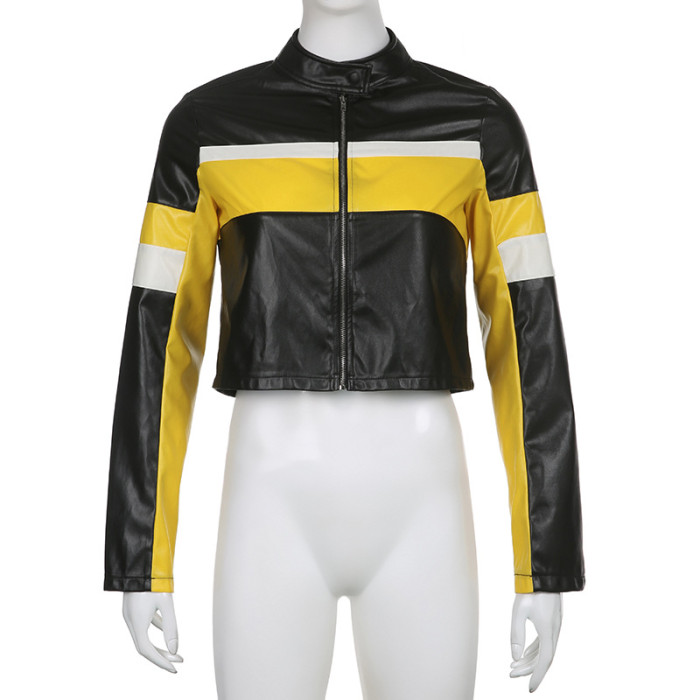 Motorcycle Style Color-Block High Neck Zipper Long Sleeve Slim Fit Short PU Leather Jacket