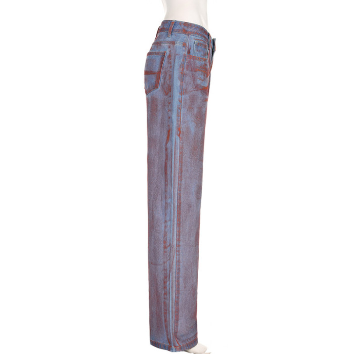 Distinctive Tie-Dye Prints High-Waisted Straight-Leg inelasticity Denim Pants