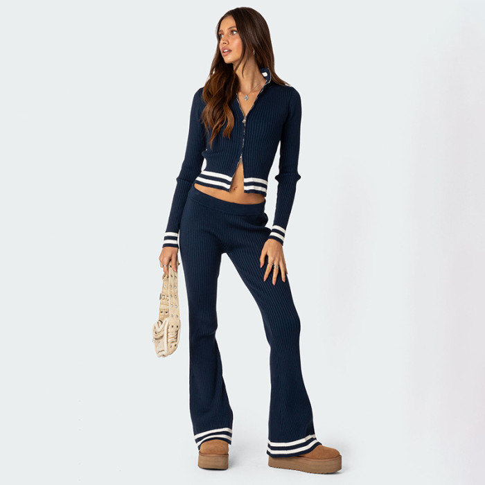 Striped Cardigan and Straight-Leg Pants Casual Set