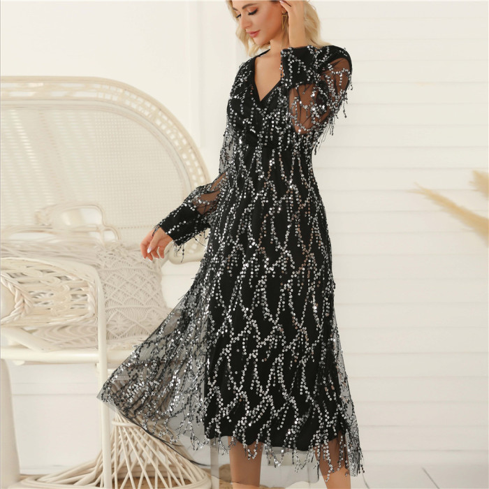 V-Neck Long Sleeve Sparkling Fringe Maxi Dress