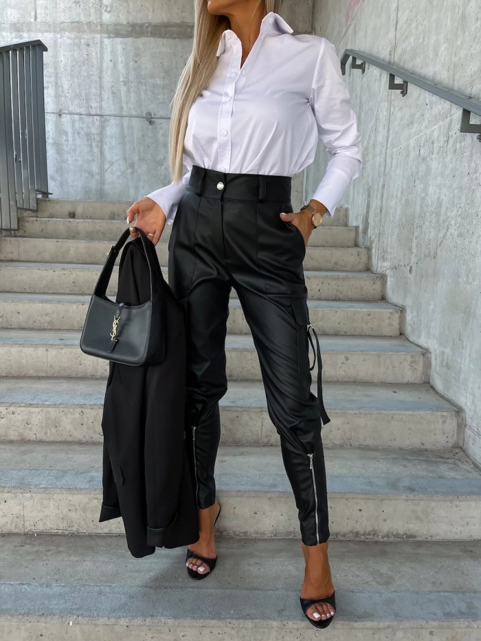 Slim Fit PU Leather High-Waisted Skinny Pants with Stylish Pocket