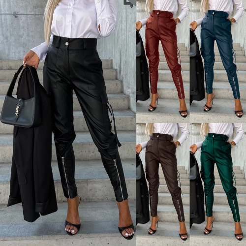 Slim Fit PU Leather High-Waisted Skinny Pants with Stylish Pocket