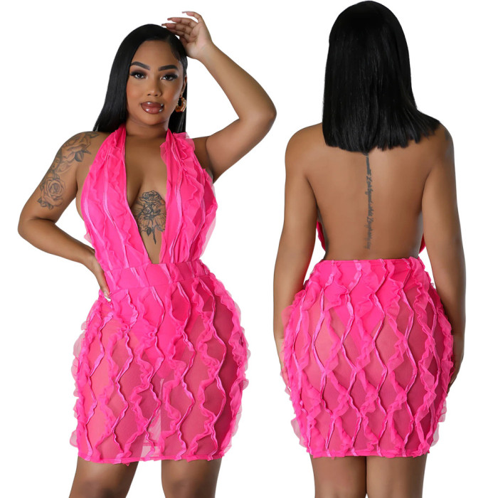 Wave-patterned Sexy Deep V Halter Short Dress