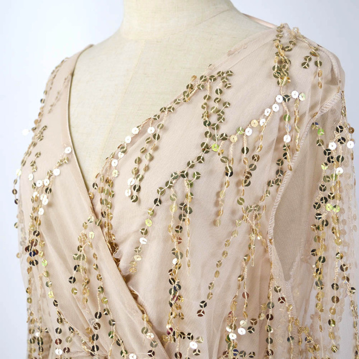 V-Neck Long Sleeve Sparkling Fringe Maxi Dress