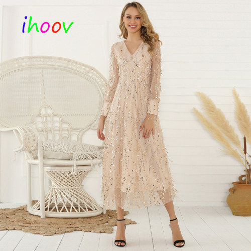 V-Neck Long Sleeve Sparkling Fringe Maxi Dress