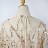 V-Neck Long Sleeve Sparkling Fringe Maxi Dress