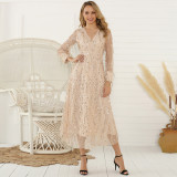 V-Neck Long Sleeve Sparkling Fringe Maxi Dress