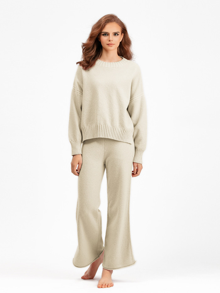 Casual Loose Sweater Wide Leg Pants Long Pants  Knit Two-Piece Set Suit For Women