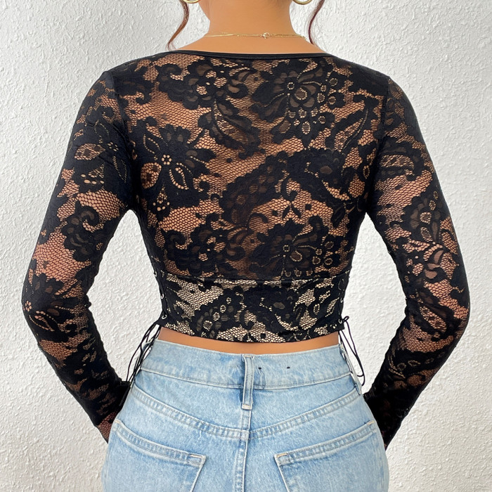 Sexy Lace Hollow Out Floral Splicing V-Neck Long Sleeve Tie-Up Top