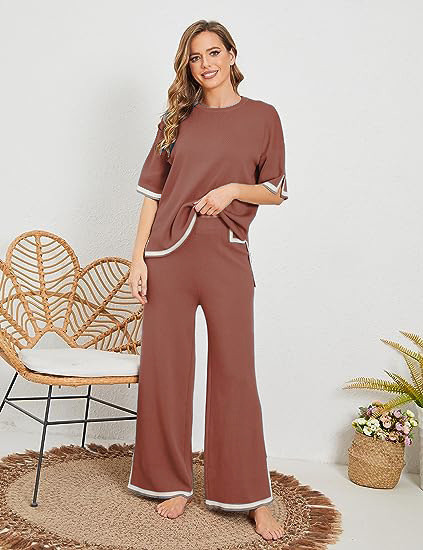 Contrast Short-Sleeve Sweater and Wide-Leg Pants Knit Set