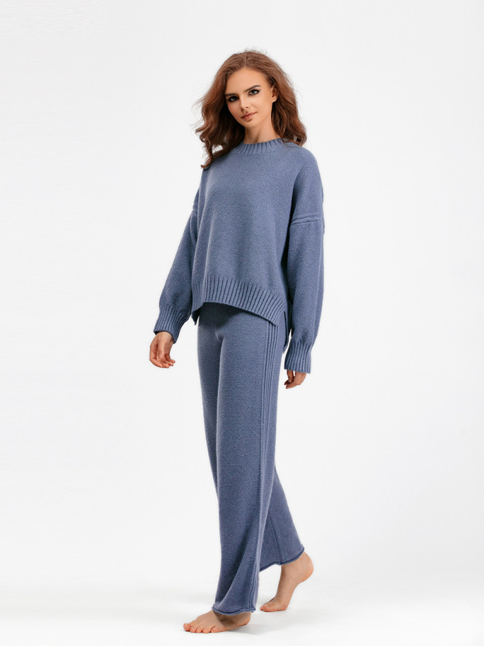 Casual Loose Sweater Wide Leg Pants Long Pants  Knit Two-Piece Set Suit For Women