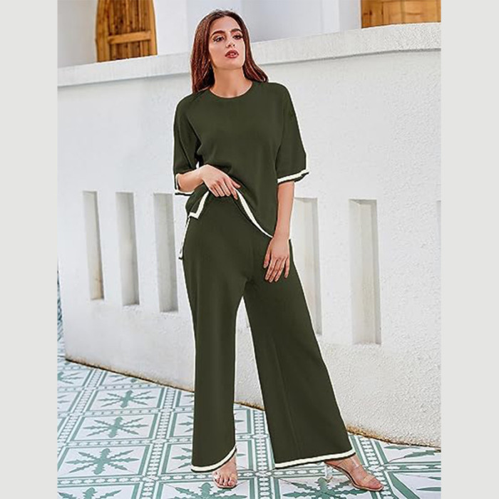 Contrast Short-Sleeve Sweater and Wide-Leg Pants Knit Set