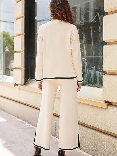IHOOV long sleeved knitted suit high waist slimming wide leg trousers two piece set