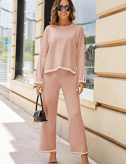 IHOOV long sleeved knitted suit high waist slimming wide leg trousers two piece set