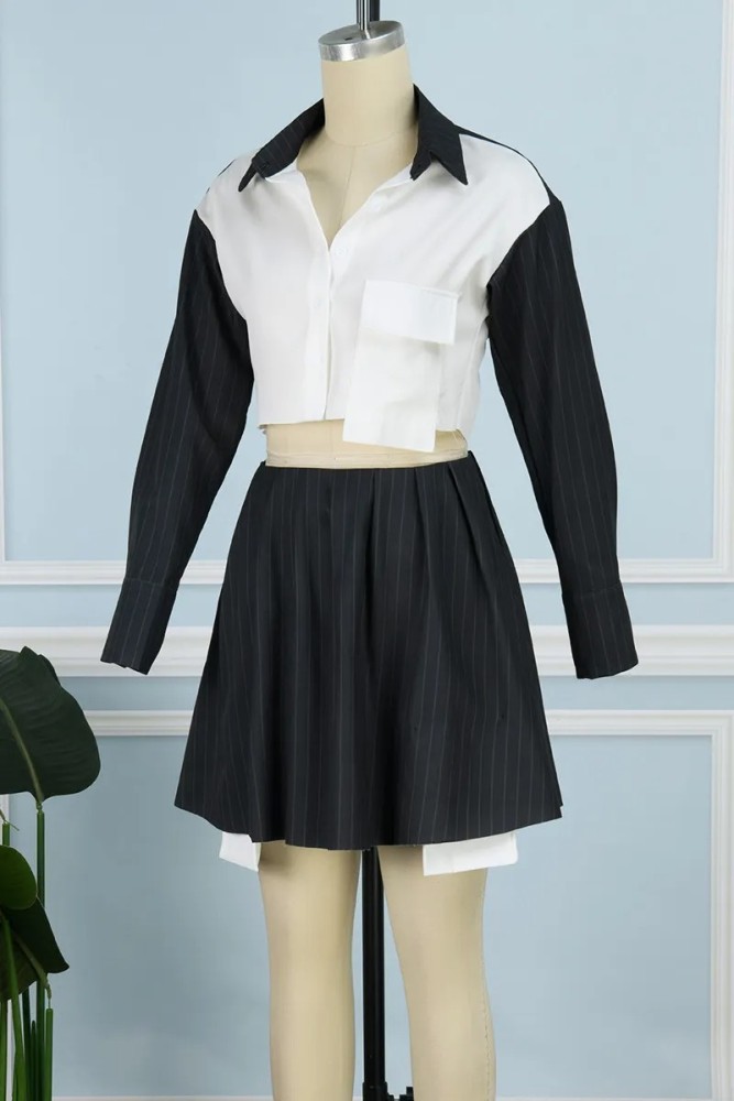 Fashionable Collar Pocket Sexy Color-Block Striped Pleated Skirt Two-Piece Set