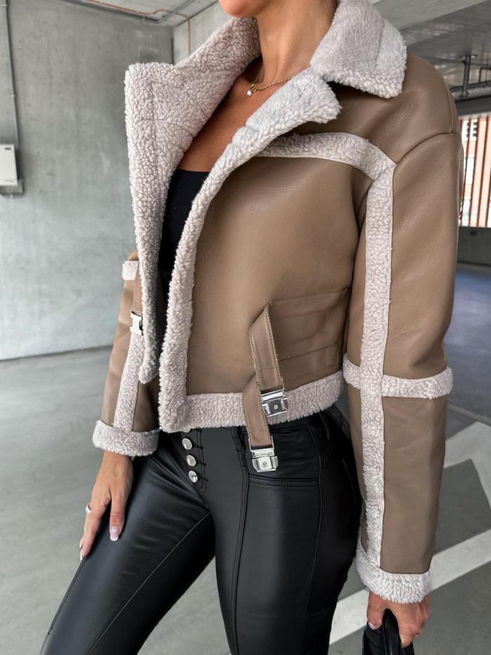 Women's Leather and Fur Integrated Long Sleeve Coat for Autumn/Winter