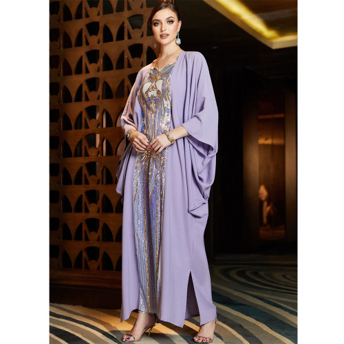Magical Purple Iridescent Sequin Embroidered Cape Batwing Abaya Gown