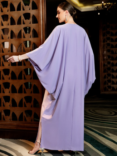 Magical Purple Iridescent Sequin Embroidered Cape Batwing Abaya Gown