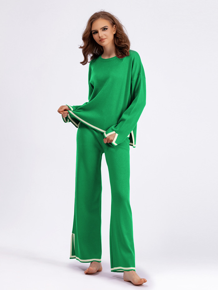 IHOOV long sleeved knitted suit high waist slimming wide leg trousers two piece set