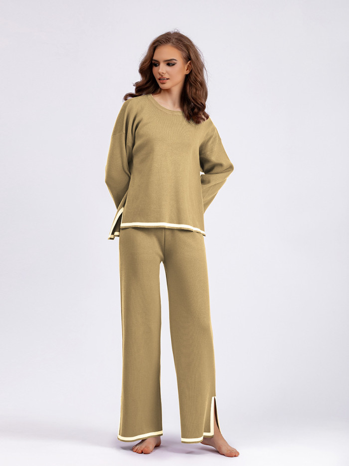 IHOOV long sleeved knitted suit high waist slimming wide leg trousers two piece set