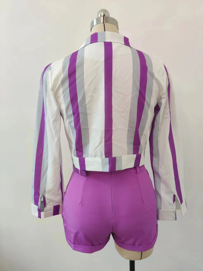 Fashion-forward Striped Digital Print Tie Short Shirt Set for Women