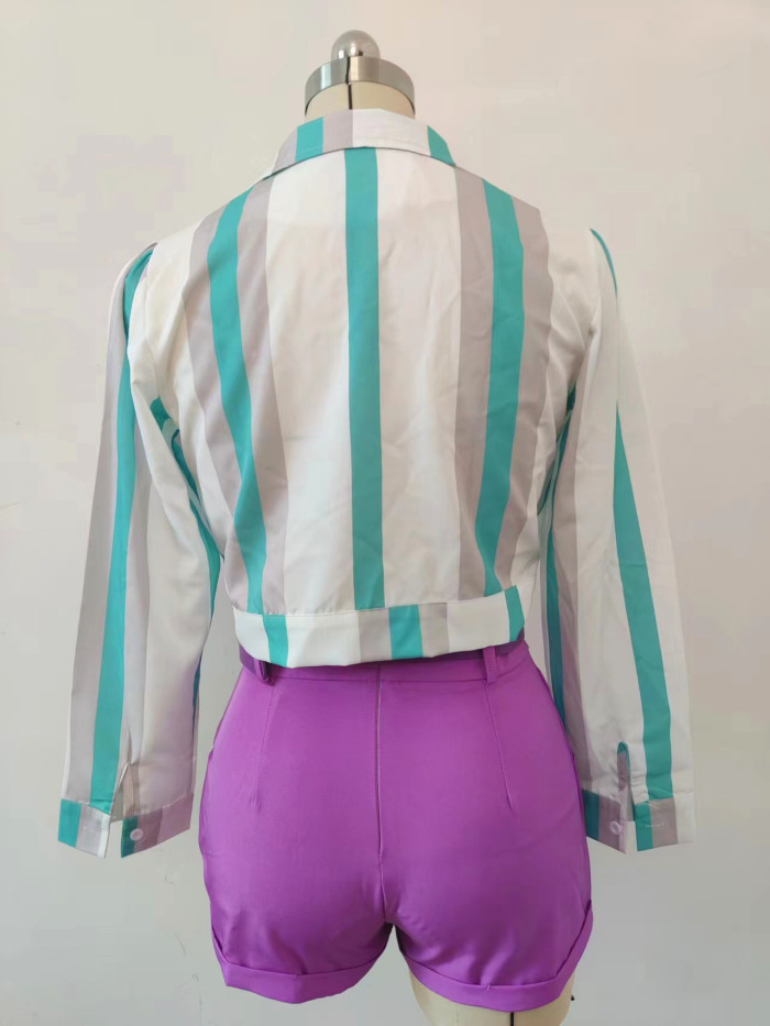 Fashion-forward Striped Digital Print Tie Short Shirt Set for Women