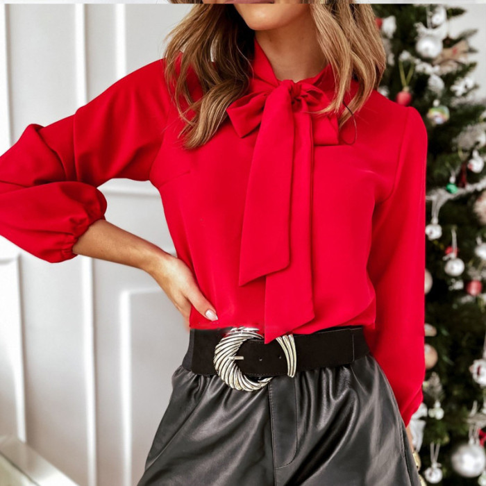 Strap Long Sleeve Solid Color Women's Shirt