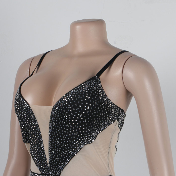 Slimming Rhinestone Elastic Spaghetti Strap Bodysuit