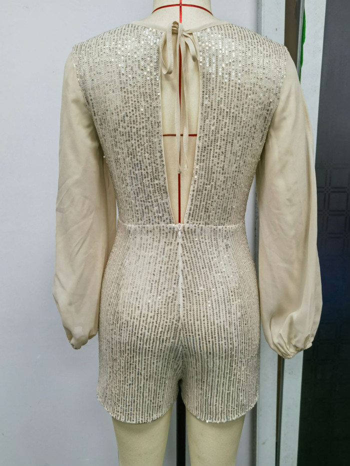 Round Neck Snow Yarn Long Sleeve Spliced Sequin Jumpsuit