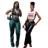 Women Casuald Pocket Stretch PU-Leather Pants