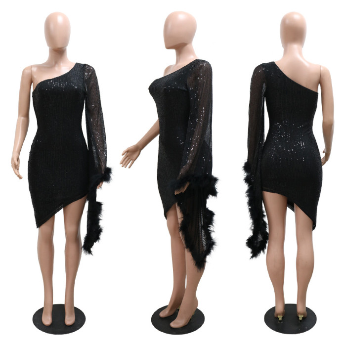 Women's Slash Shoulder Irregular Sequin Bodycon Dress