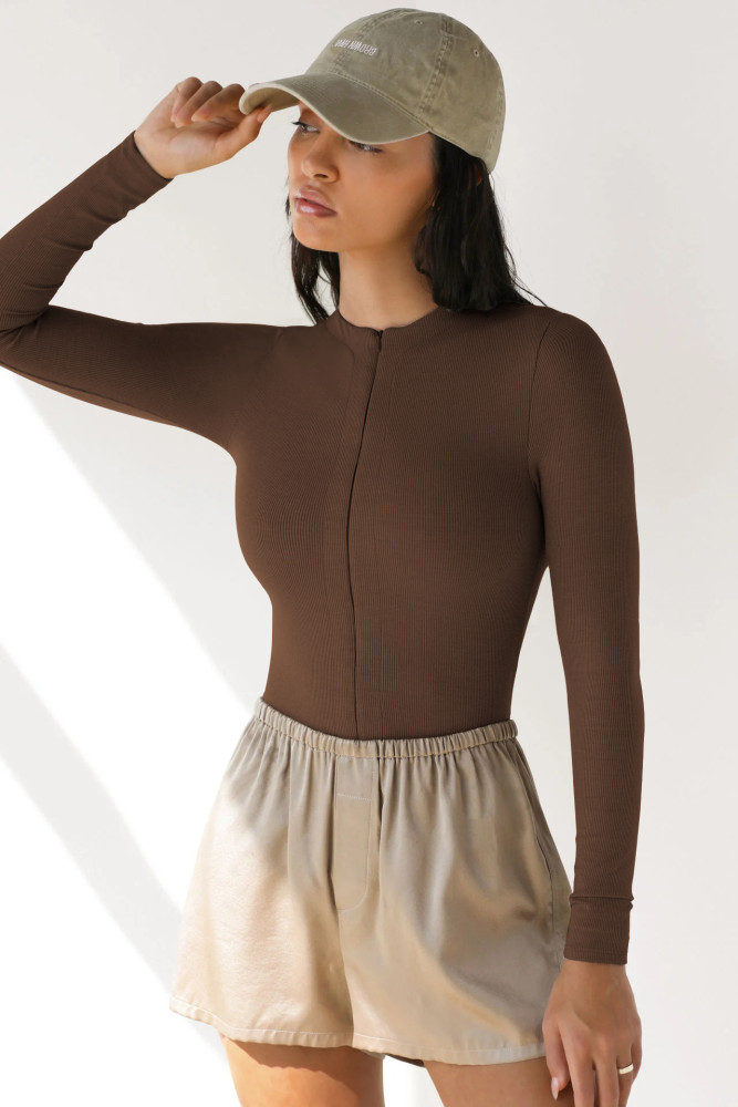 Women's Tight Knit Bodysuit with Zipper Top