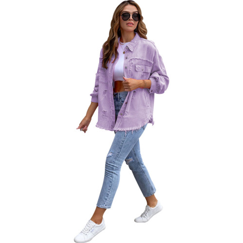 Fashionable Solid Color Casual Long Denim Jacket