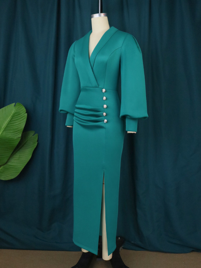 Wrinkled design lantern sleeve Midi career dresses women lady elegant wholesale