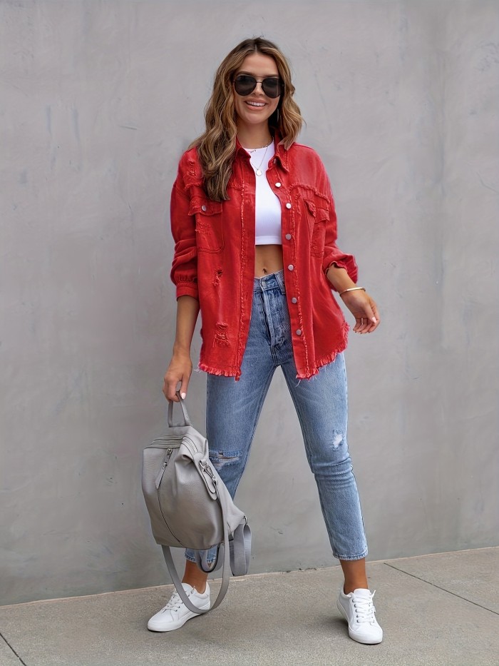 Fashionable Solid Color Casual Long Denim Jacket