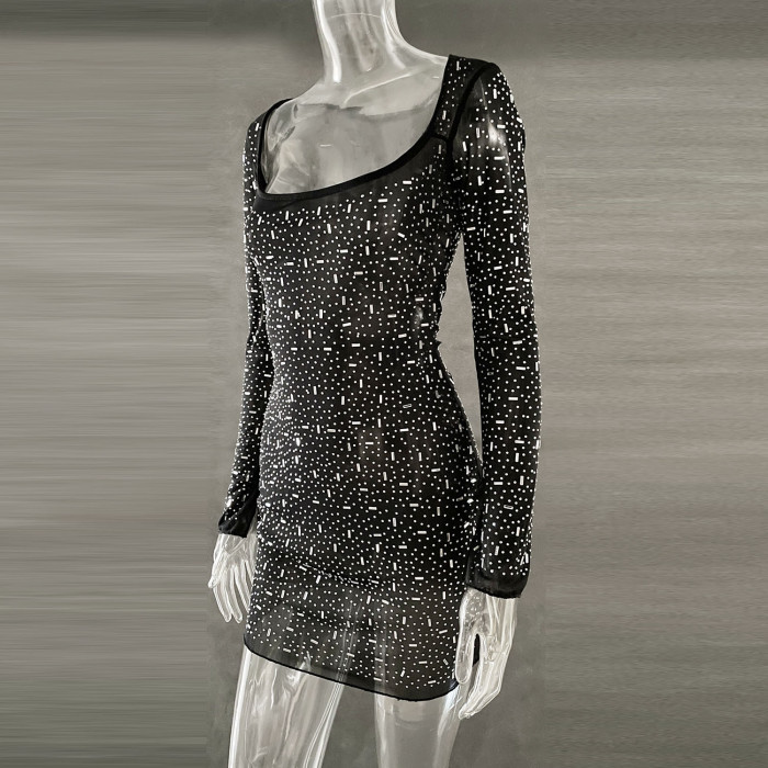 Glittering Rhinestones Sparkling Glamour Sheer Long Sleeve Mini Dress