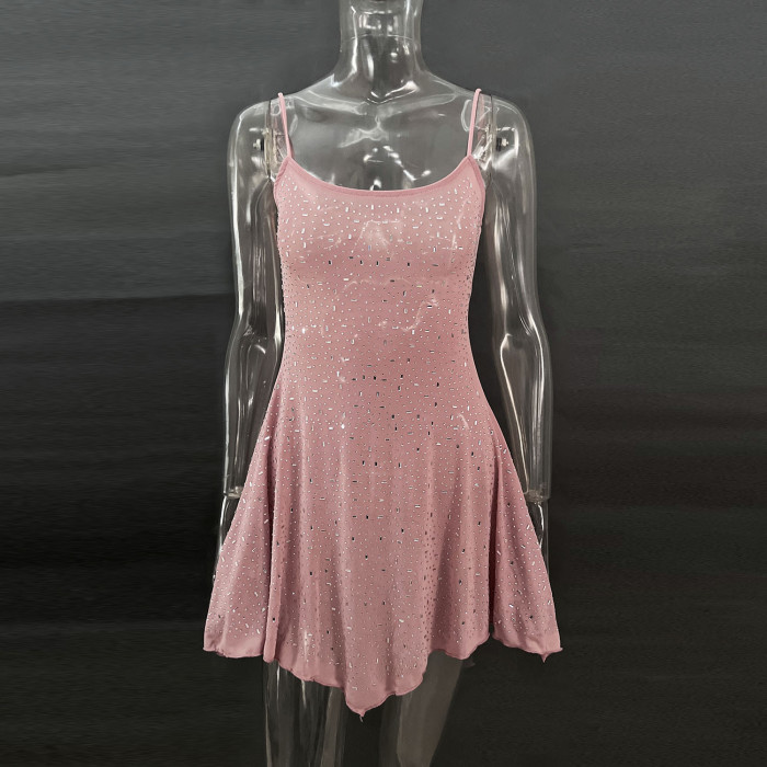 Sparkling Rhinestone Semi-Sheer Halter Mini Dress