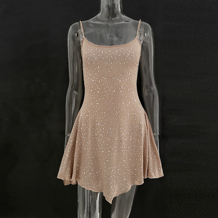Sparkling Rhinestone Semi-Sheer Halter Mini Dress