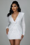 Sparkling V-Neck Pleated Slimming Mini Dress