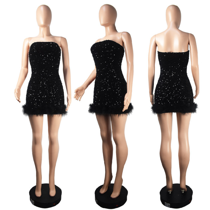 Nightclub Party with Feathers and Sequins Strapless Bodycon Dress