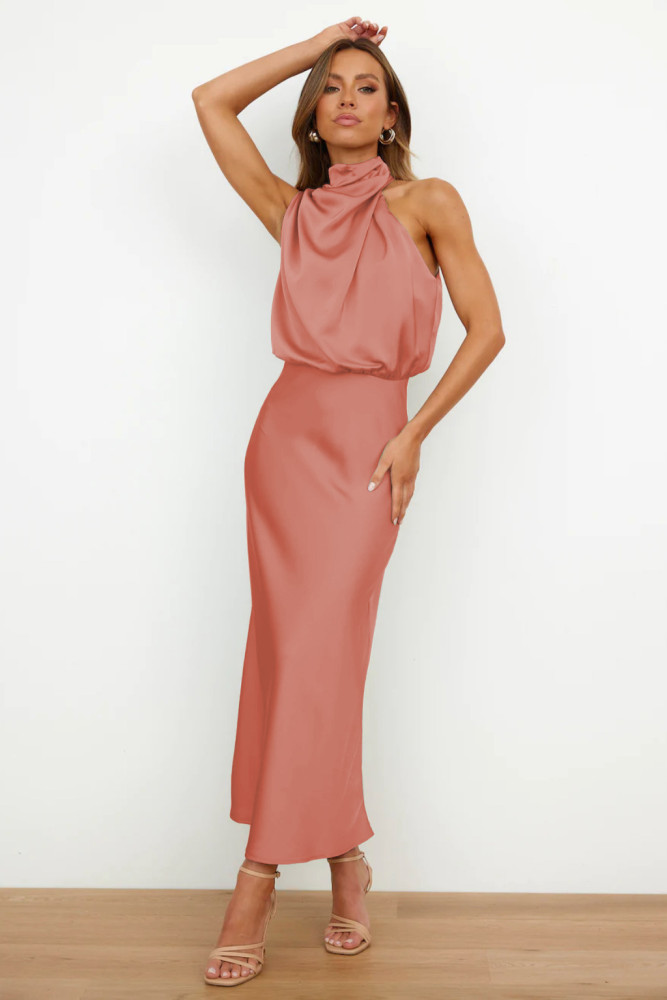 Women Sleeveless Cocktail Dress with Keyhole Neckline and High Split