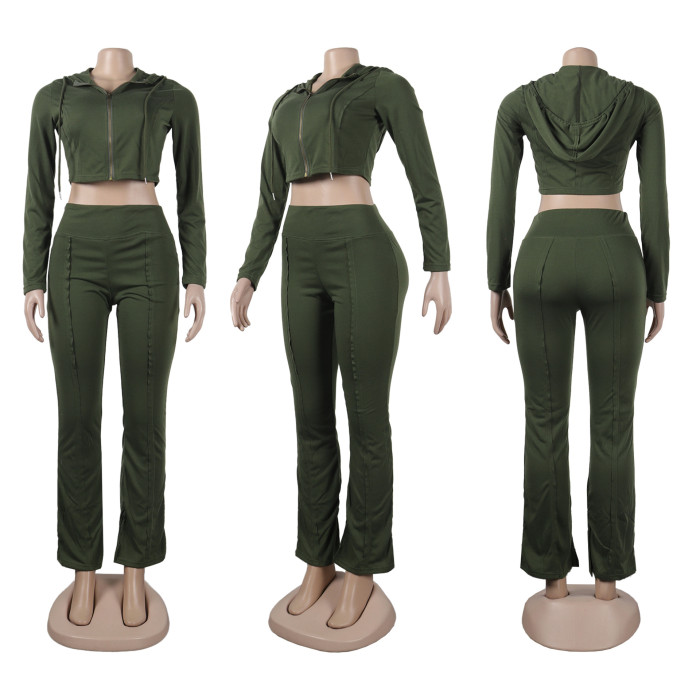 Sexy Solid Zipper Long Sleeve Crop Top Slim Pants Two Piece Club Suit