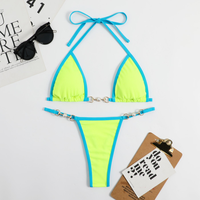 Solid and Multicolored Straps with Edging Sexy Triangle Bottom Swimsuit