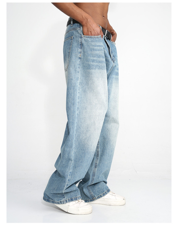 Korean Style Men's Relaxed and Versatile Essential Blue Straight Wide-Leg Jeans